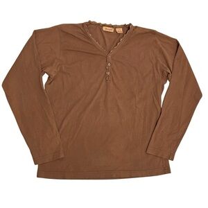 Wrangler Y2K Lace Trim Henley Long Sleeve T-Shirt Women Large Chocolate Brown